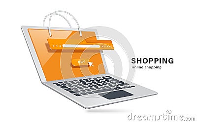 Laptop computer with handle that looks like shopping bag and there is buy icon button and displayed on screen Vector Illustration