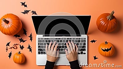laptop computer hands typing computer keyboard, on color background Stock Photo