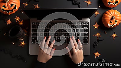 laptop computer hands typing computer keyboard, on color background Stock Photo