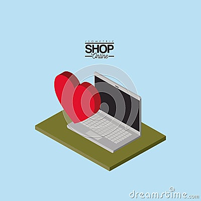 Laptop computer and heart over green floor colorful poster isometric shop online Vector Illustration