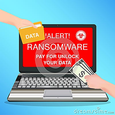Laptop computer infected ransomware virus pay for unlock data Vector Illustration