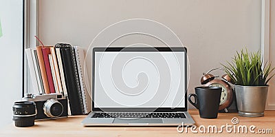 Laptop computer in minimal photographer`s workplace Stock Photo