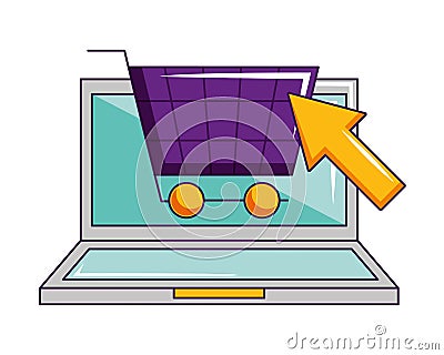 Laptop computer online shopping cart click Vector Illustration