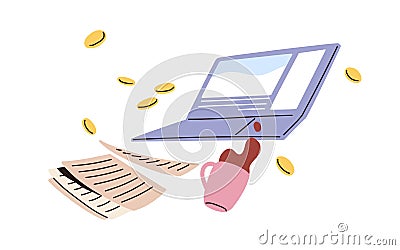 Laptop computer, paper documents, scattered money coins and coffee cup falling. Work fail, business problem, crisis Vector Illustration