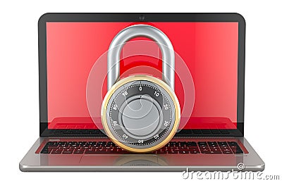Laptop computer with security padlock with rotating digit combination, 3D rendering Stock Photo