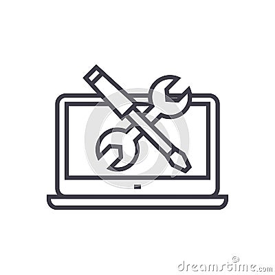Laptop computer service concept vector thin line icon, symbol, sign, illustration on isolated background Vector Illustration