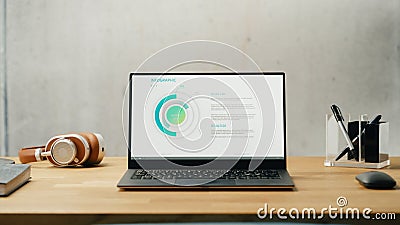 Laptop Computer with Software Platform Screen Display Standing on a Desk. Efficiently Minimalistic Stock Photo