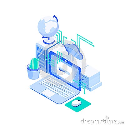 Laptop computer, stack of servers and globe. Web or internet hosting technology, online website support service, cloud Vector Illustration