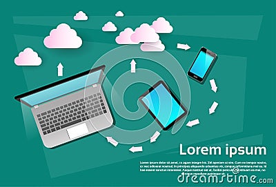 Laptop Computer Tablet Cell Smart Phone Cloud Database Data Synchronization Vector Illustration