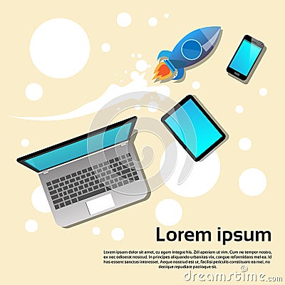 Laptop Computer Tablet Cell Smart Phone Rocket Update Application Vector Illustration