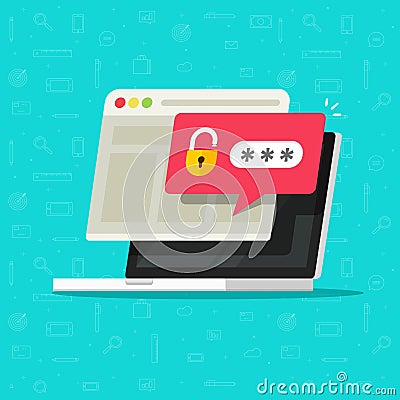 Laptop computer with unlocked password bubble notification, flat cartoon of pc screen with open lock and password field Vector Illustration