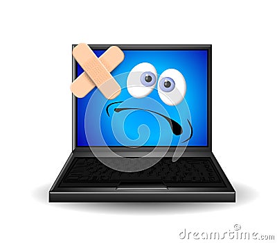 Laptop Computer Wearing Bandage Cartoon Illustration
