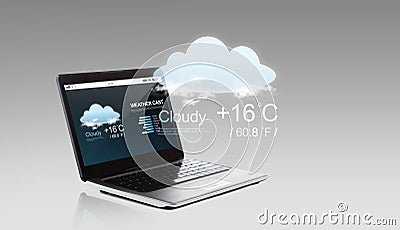 Laptop computer with weather cast on screen Stock Photo