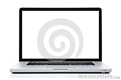 Laptop computer white screen on isolated white. Stock Photo