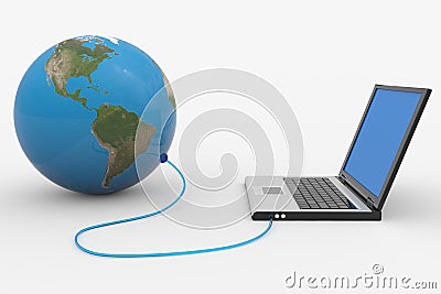 Laptop connected to the earth sphere. Stock Photo