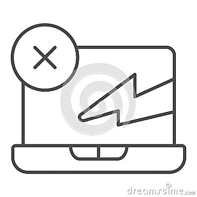 Laptop with cracked screen thin line icon, pcrepair concept, startup error vector sign on white background, error screen Vector Illustration