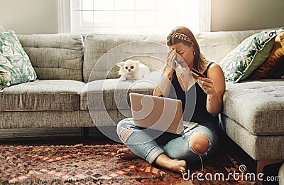 Laptop, credit card and woman stress, anxiety or depression for home loan, payment debt or fintech problem on floor Stock Photo