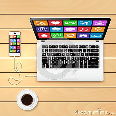 Laptop with cup of coffee and smartphone on wooden table Vector Illustration