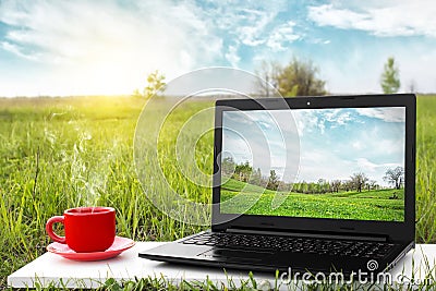 Laptop and cup of hot coffee on the background picturesque nature Stock Photo