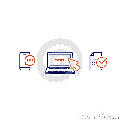 Laptop with cursor, send phone message, receive sms notification, submit document, line icons Vector Illustration