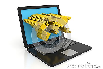 Laptop with 3d extruded World map on screen Stock Photo