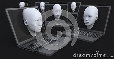 Laptop and 3d head coming out of the screen Stock Photo