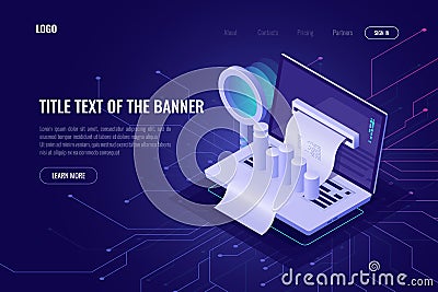 Laptop with data chart graphics and magnifying glass isometric, data searching and processing, online statistics and Vector Illustration