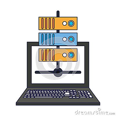 Laptop and database servers blue lines Vector Illustration