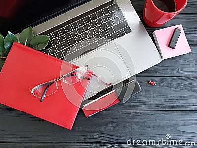 laptop desktop designer top view concept notebook red black wooden, coffee Stock Photo