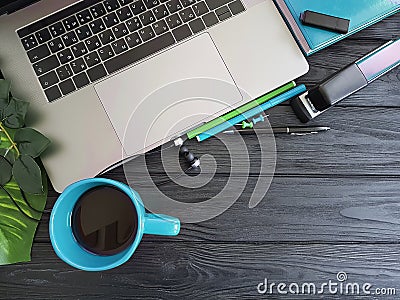 Laptop desktop designer view pencil coffee design concept notebook blue black wooden, coffee Stock Photo