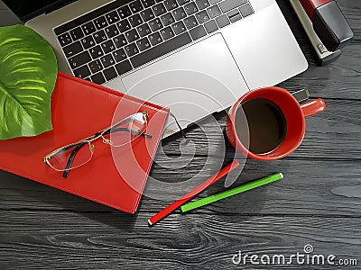 laptop desktop designer top view notebook red black wooden, coffee Stock Photo