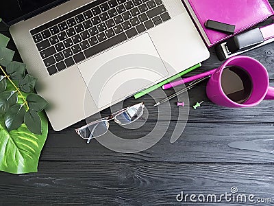 Laptop desktop designer top view notebook working pink Stock Photo