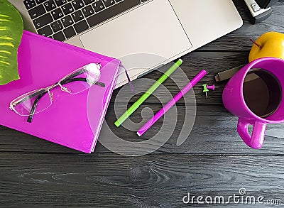 Laptop desktop designer top view notebook pink Stock Photo