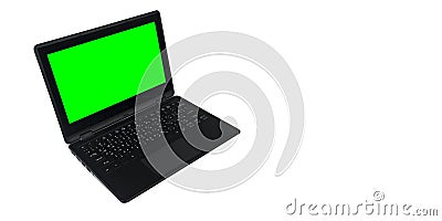 laptop device featuring a chroma key backdrop, presenting an English Arabic QWERTY Keyboard, with ample room for text or graphics. Stock Photo