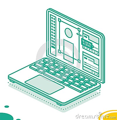 Laptop Display with Vector Program for Artists. Isometric Outline Object Stock Photo