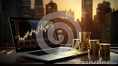 Laptop displaying business graph chart stock market, forex, gold market digital laptop screen with gold coin. Generative AI Stock Photo