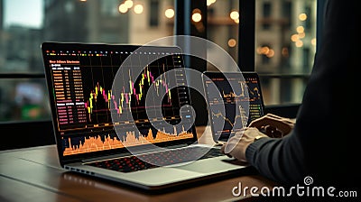 Laptop displaying business graph chart stock market, forex, gold market digital laptop screen On office table. Generative AI Stock Photo