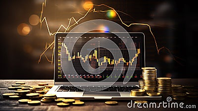 Laptop displaying business graph chart stock market, forex, gold and market digital laptop screen and gold coin on. generative AI Stock Photo