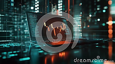 A laptop displaying candlestick stock charts and programming codes, surrounded by a futuristic data driven Stock Photo