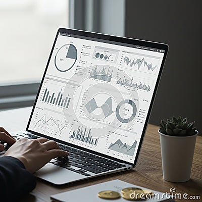 Laptop displaying charts and graphs, representing data analysis or business Stock Photo