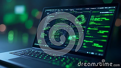 Laptop displaying cybersecurity data and code analysis Stock Photo