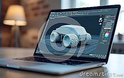A laptop displaying 3D modeling software with a partially completed 3D design, symbolizing digital art, creativity, and tech Stock Photo