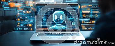 laptop displaying digital robot interface with data analysis visuals Stock Photo