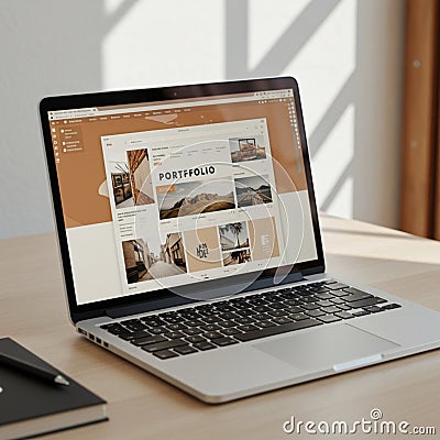 A laptop displaying a portfolio webpage with various images and text blocks Stock Photo