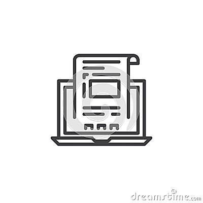 Laptop with document, invoice line icon, outline vector sign, linear pictogram isolated on white Vector Illustration