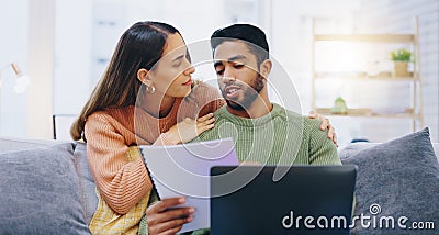Laptop, documents and couple on sofa for finance planning, online banking and budget payment. Living room, home and man Stock Photo