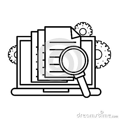 Laptop with documents and magnifying glass Vector Illustration