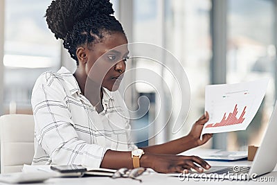 Laptop, documents and woman with data analysis, seo research or website statistics review, focus and planning. Financial Stock Photo