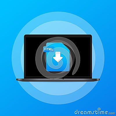Laptop and download HTML file icon. Document downloading concept. HTML label and down arrow sign. Vector on isolated background. Vector Illustration