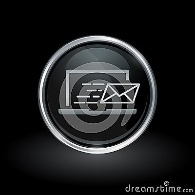 Laptop email send icon inside round silver and black emblem Vector Illustration